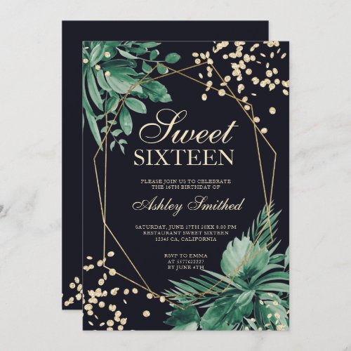 Gold glitter tropical watercolor navy Sweet 16 Invitation