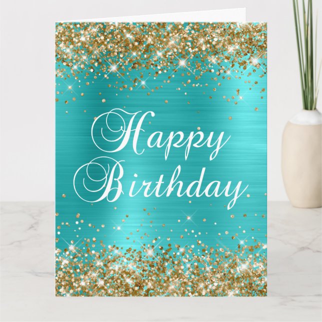 Gold Glitter Turquoise Blue Big Happy Birthday Card (Front)