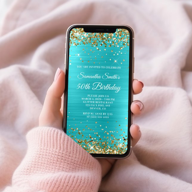 Gold Glitter Turquoise Blue Foil 50th Birthday Invitation (Gold Glitter Turquoise Blue Foil 50th Birthday Invitation)