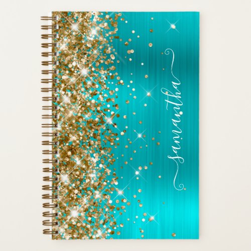 Gold Glitter Turquoise Blue Foil Girly Signature Notebook