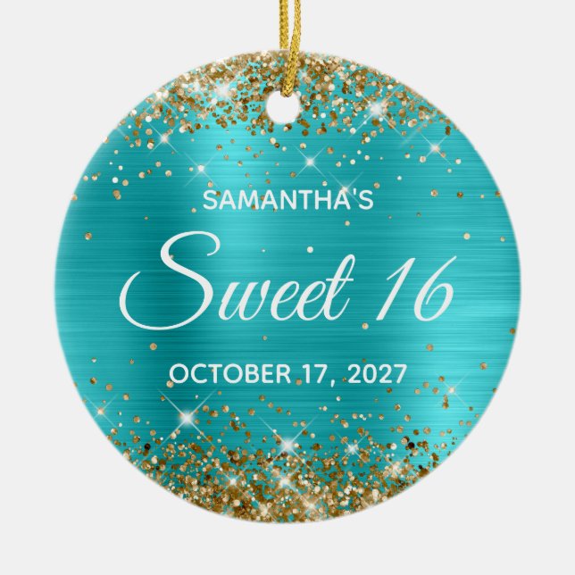 Gold Glitter Turquoise Blue Foil Sweet 16 Ceramic Ornament (Front)