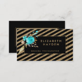 gold glitter turquoise Floral business card (Front/Back)