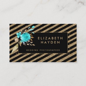 Gold Glitter Turquoise Floral Business Card by MG_BusinessCards at Zazzle