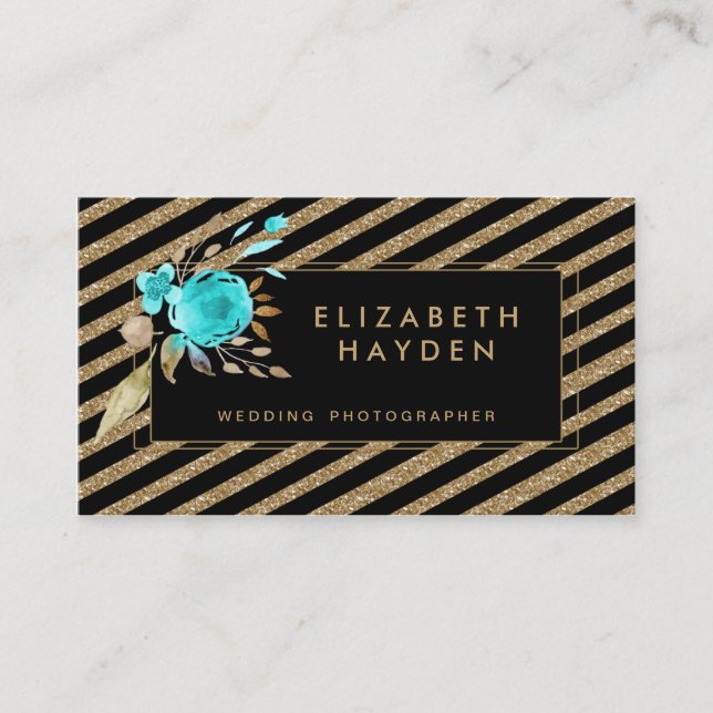 gold glitter turquoise Floral business card (Front)