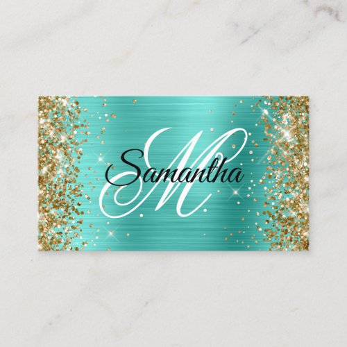 Gold Glitter Turquoise Foil Fancy Monogram Business Card