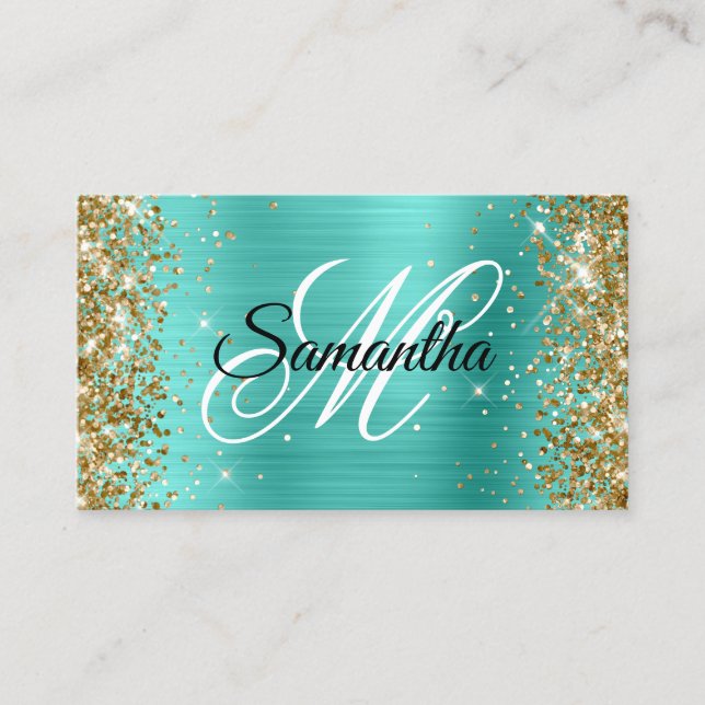 Gold Glitter Turquoise Foil Fancy Monogram Business Card (Front)