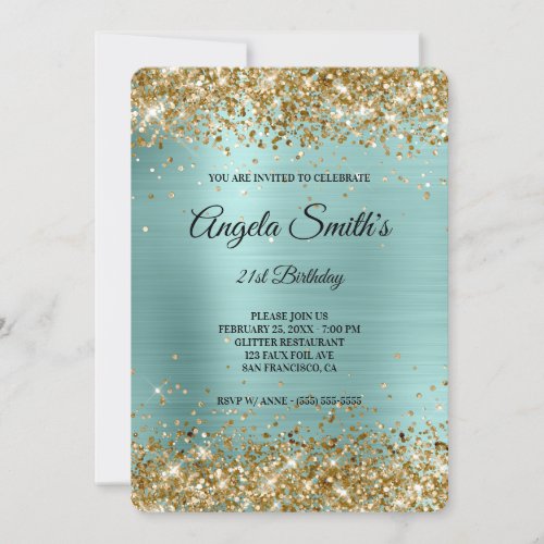 Gold Glitter Turquoise Foil Fancy Monogram Invitation