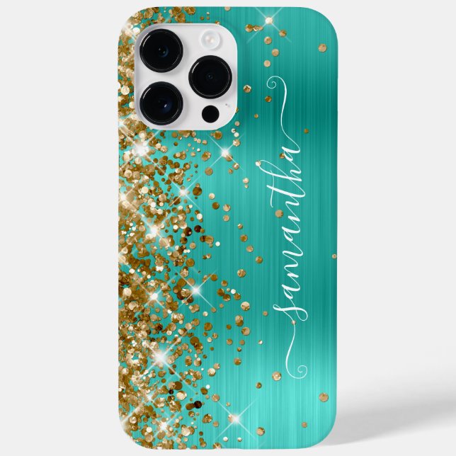 Gold Glitter Turquoise Glam Modern Girly Signature Case-Mate iPhone Case (Back)