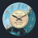 Gold Glitter Turquoise Marble 25th Wedding Large Clock<br><div class="desc">Elegant gold diamonds on turquoise marble background.</div>