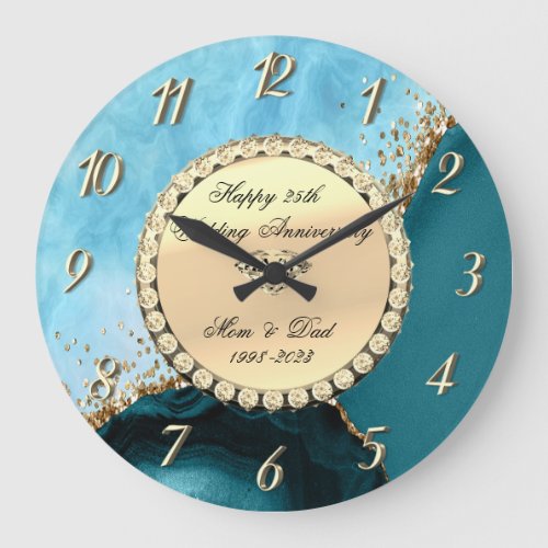  Gold Glitter Turquoise Marble 25th Wedding Large Clock