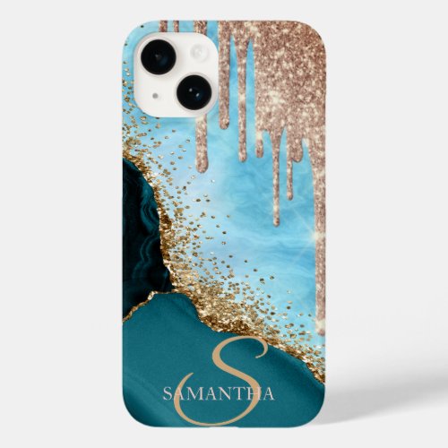   Gold Glitter Turquoise Marble Glitter Drips Case_Mate iPhone 14 Case