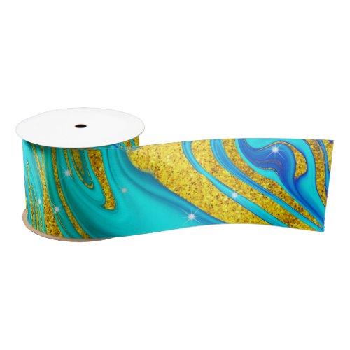 Gold Glitter Turquoise Swash Sparkle Stars Satin Ribbon