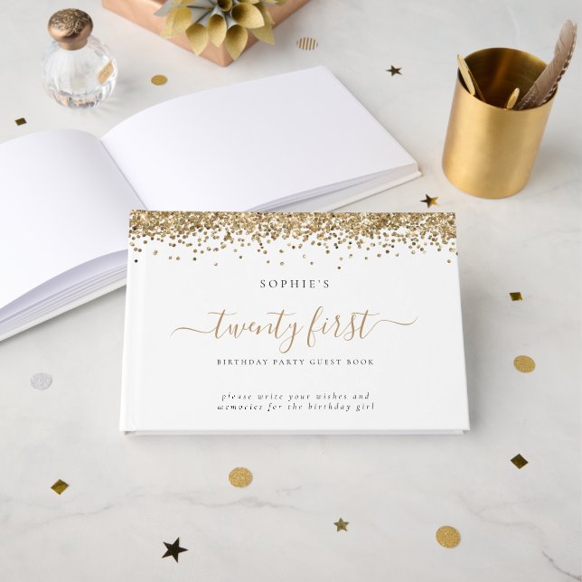 Gold Glitter Twenty First Birthday Party Guest Book (Front Open)