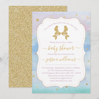 Gold Glitter Twin Mermaids Baby Shower Invitation