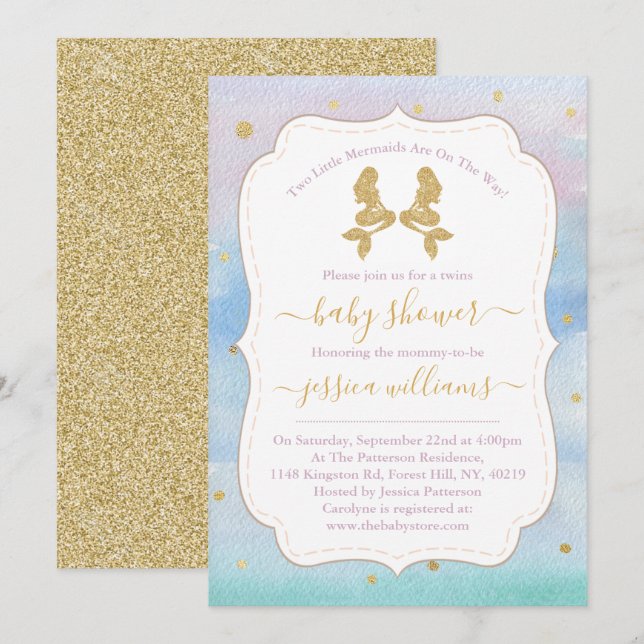 Gold Glitter Twin Mermaids Baby Shower Invitation (Front/Back)