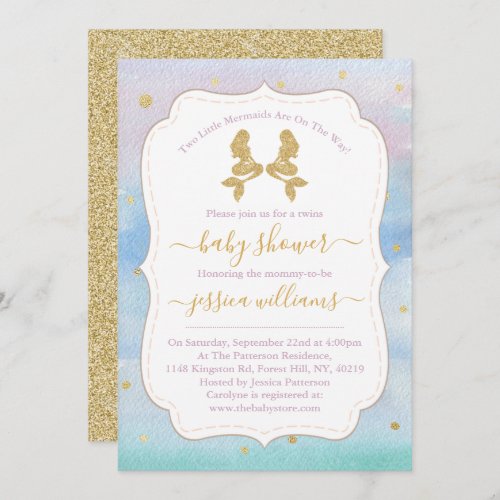 Gold Glitter Twin Mermaids Baby Shower Invitation