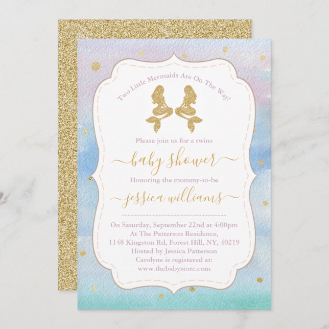 Gold Glitter Twin Mermaids Baby Shower Invitation (Front/Back)