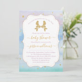 Gold Glitter Twin Mermaids Baby Shower Invitation (Standing Front)