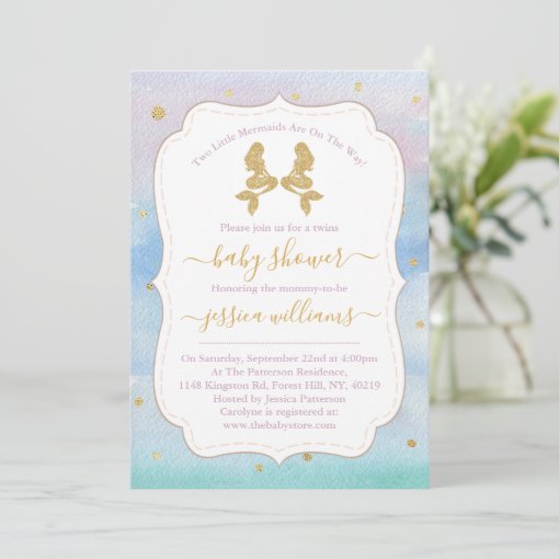 Gold Glitter Twin Mermaids Baby Shower Invitation Zazzle