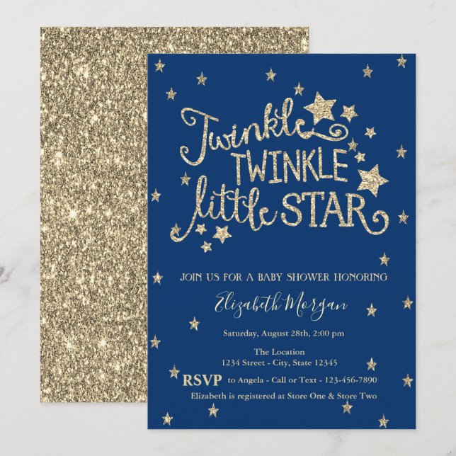 Gold Glitter Twinkle Little Star Baby Shower Invitation (Front/Back)