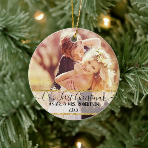 Gold Glitter Twinkly Our First Christmas Mr n Mrs Ceramic Ornament