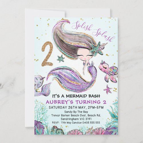 Gold Glitter Two Purple Mermaid 2nd Birthday Invitation