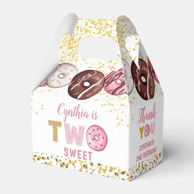 Gold Glitter Two Sweet Donut 2nd Birthday Party Favor Boxes (Front Side)