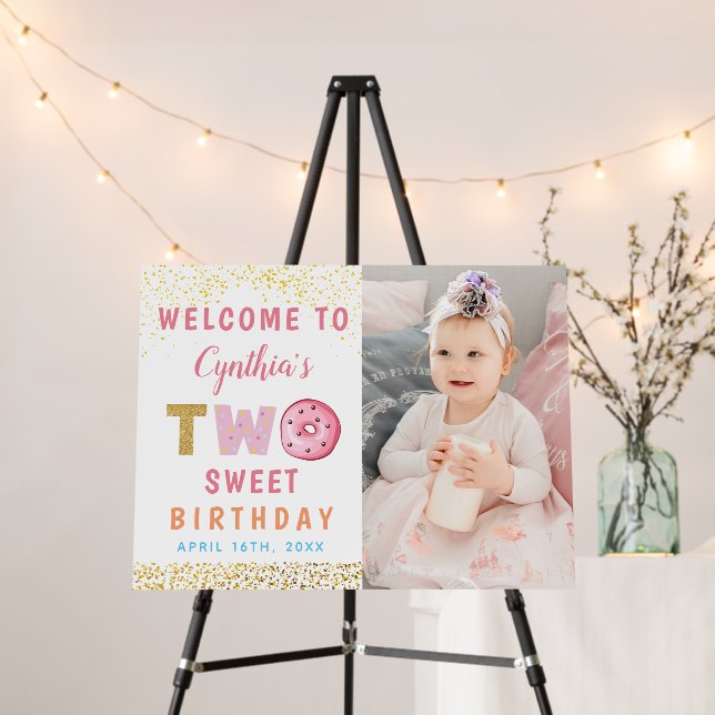 Gold Glitter Two Sweet Donut 2nd Birthday Photo Foam Board (In Situ (Stand))
