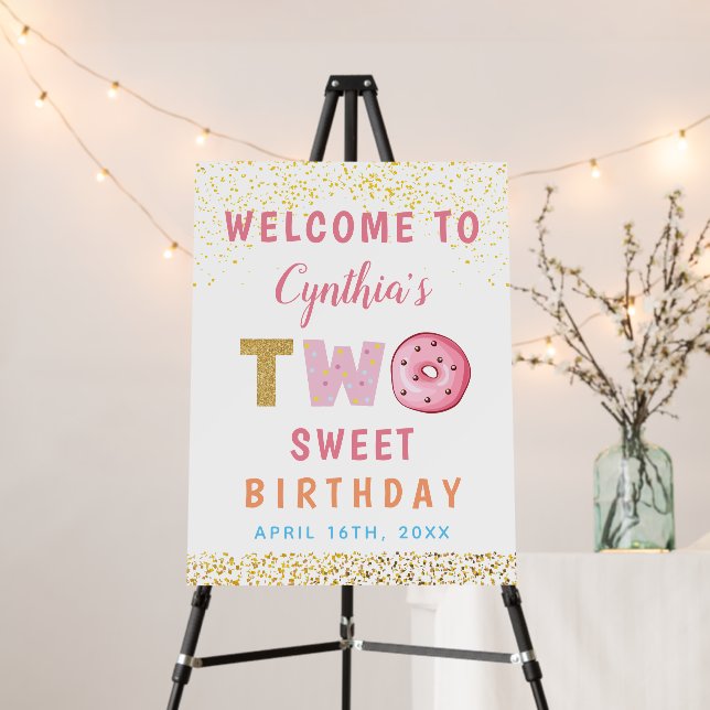 Gold Glitter Two Sweet Donut 2nd Birthday Welcome Foam Board (In Situ (Stand))