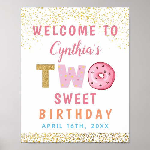 Gold Glitter Two Sweet Donut 2nd Birthday Welcome Poster