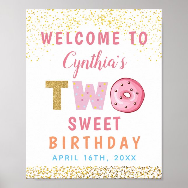 Gold Glitter Two Sweet Donut 2nd Birthday Welcome Poster (Front)