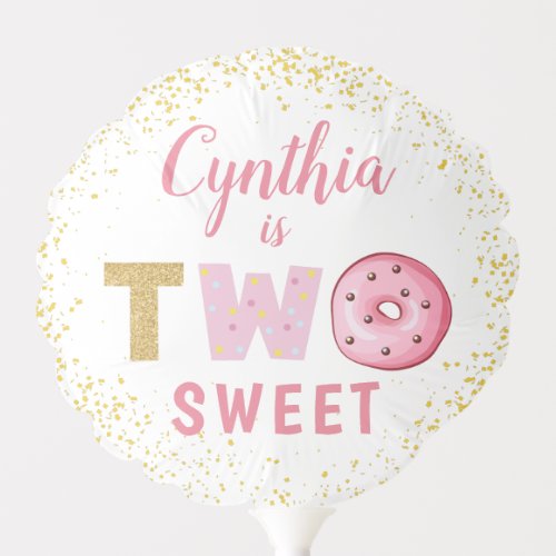 Gold Glitter Two Sweet Donut Girl 2nd Birthday Balloon