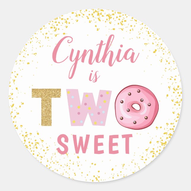 Gold Glitter Two Sweet Donut Girl 2nd Birthday Classic Round Sticker (Front)