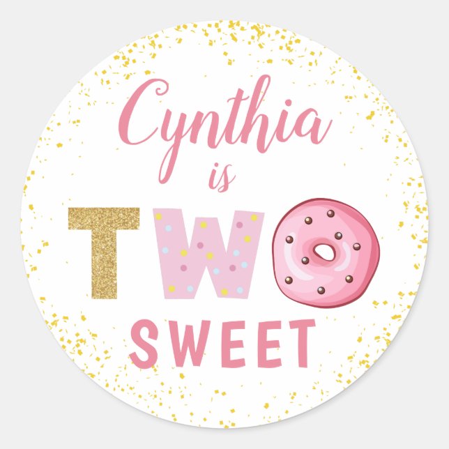Gold Glitter Two Sweet Donut Girl 2nd Birthday Classic Round Sticker (Front)