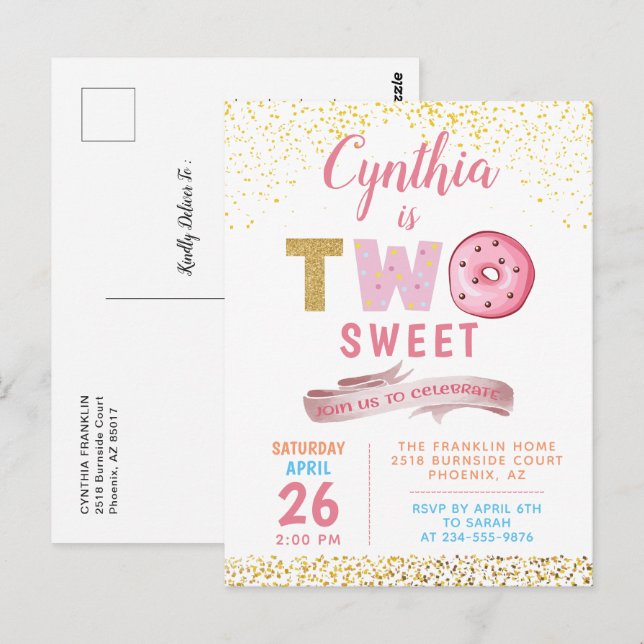 Gold Glitter Two Sweet Donuts Girl 2nd Birthday   Postcard (Front/Back)