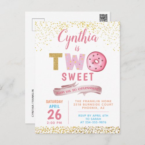 Gold Glitter Two Sweet Donuts Girl 2nd Birthday   Postcard