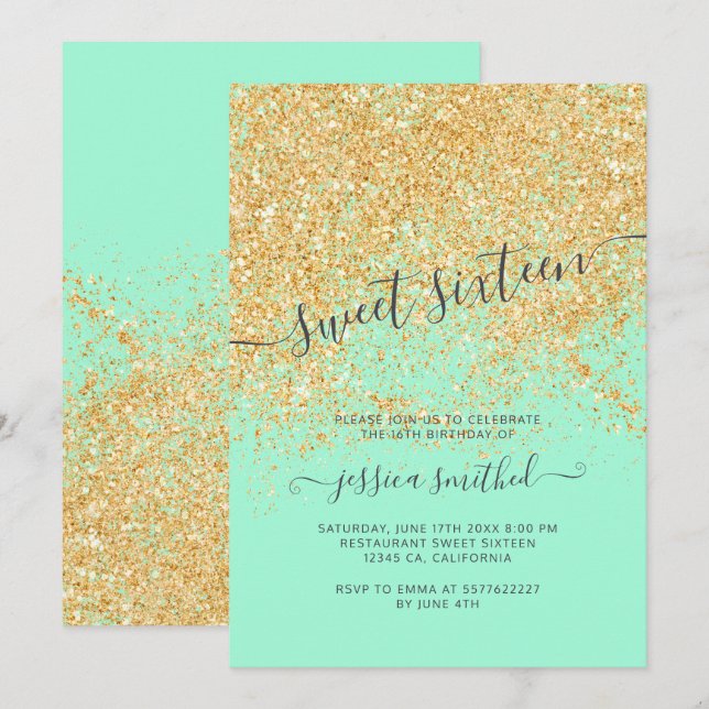Gold glitter typography mint green Sweet 16 Invitation (Front/Back)