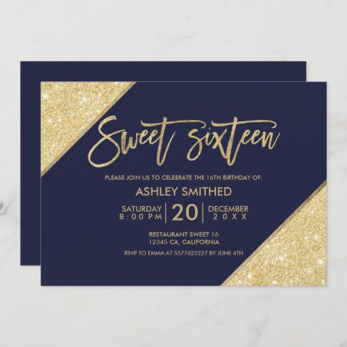 Gold glitter typography navy blue sweet 16 invitation