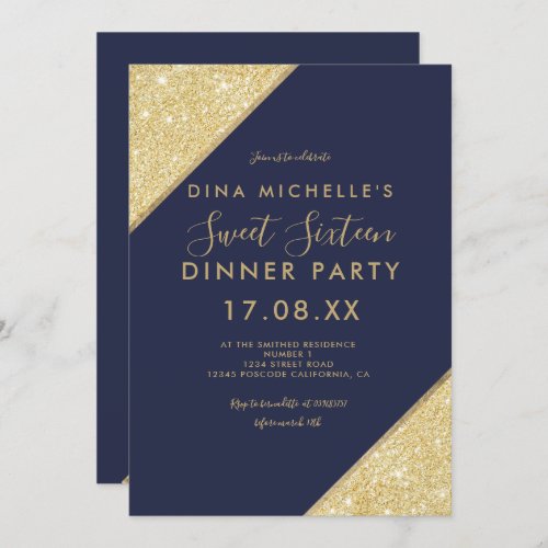 Gold glitter typography navy blue Sweet 16 Invitation