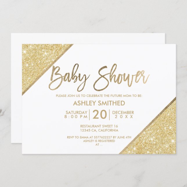 Gold glitter typography white baby shower invitation (Front/Back)