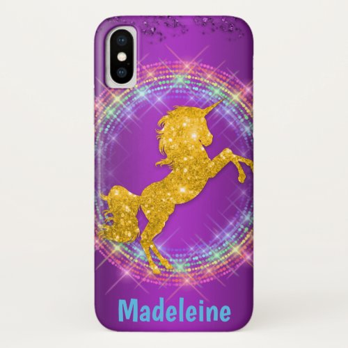 Gold Glitter Unicorn and Glittering Rainbow iPhone X Case