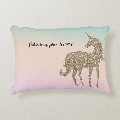 Gold Glitter Unicorn Aqua Peach Pink Ombre Tie Dye Accent Pillow