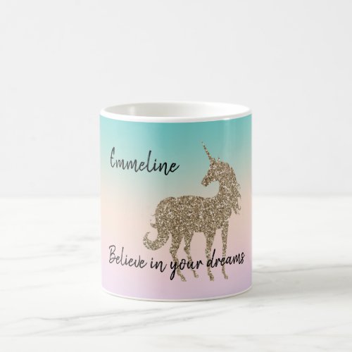 Gold Glitter Unicorn Aqua Peach Pink Ombre Tie Dye Coffee Mug