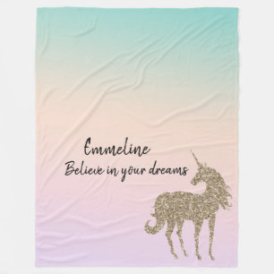 Gold Glitter Unicorn Aqua Peach Pink Ombre Tie Dye Fleece Blanket