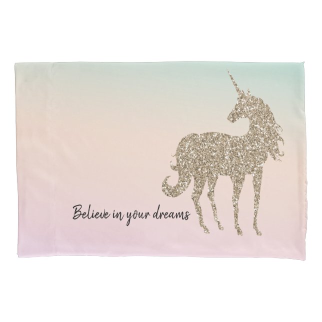Gold Glitter Unicorn Aqua Peach Pink Ombre Tie Dye Pillow Case (Front)