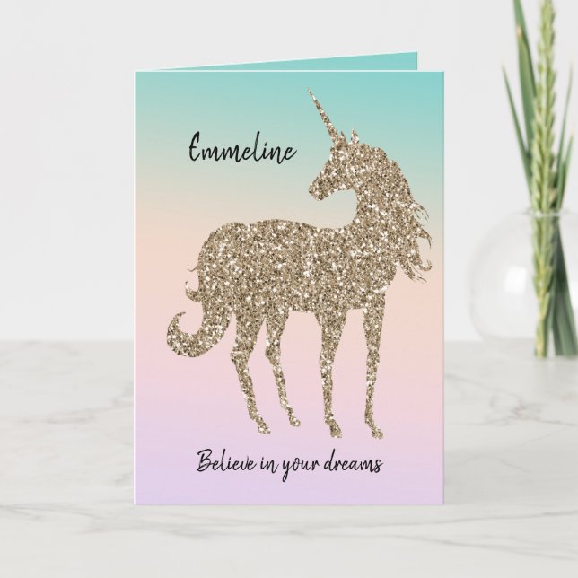 Gold Glitter Unicorn Aqua Peach Pink Shadow Tie Dy Card (Front)