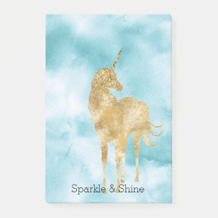 Gold Glitter Unicorn Aqua Watercolor Post-it Notes