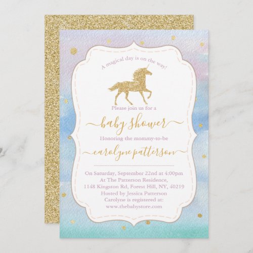 Gold Glitter Unicorn Baby Shower Invitation