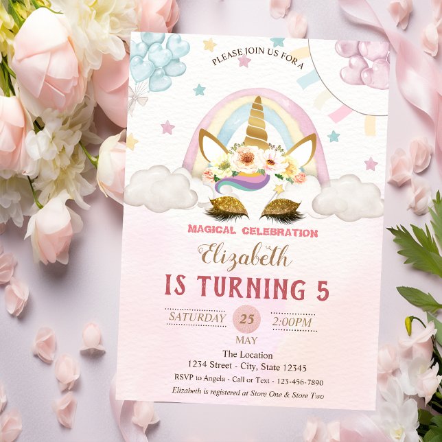 Gold Glitter Unicorn,Balloons Rose Gold Birthday Invitation (Creator Uploaded)