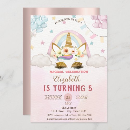 Gold Glitter UnicornBalloons Rose Gold Birthday Invitation